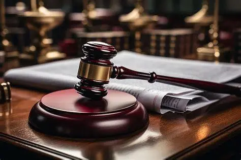 Keputusan Hukum Tetap Palu hakim di atas dokumen hukum penting