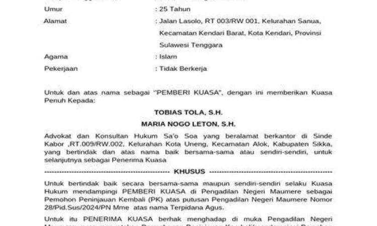 Contoh dokumen surat kuasa yang telah didaftarkan di pengadilan