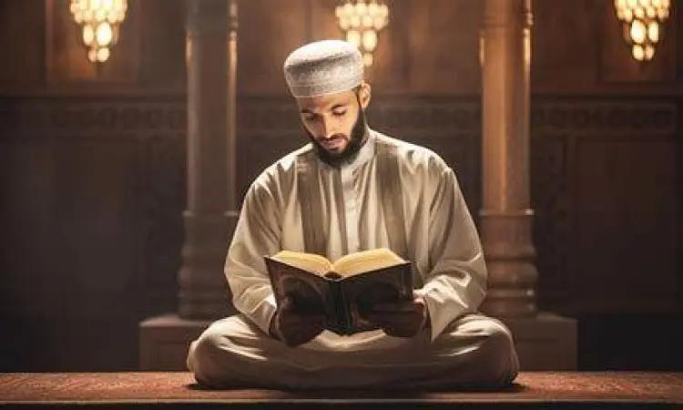Seorang pria sedang mempelajari tafsir al-quran untuk hukum