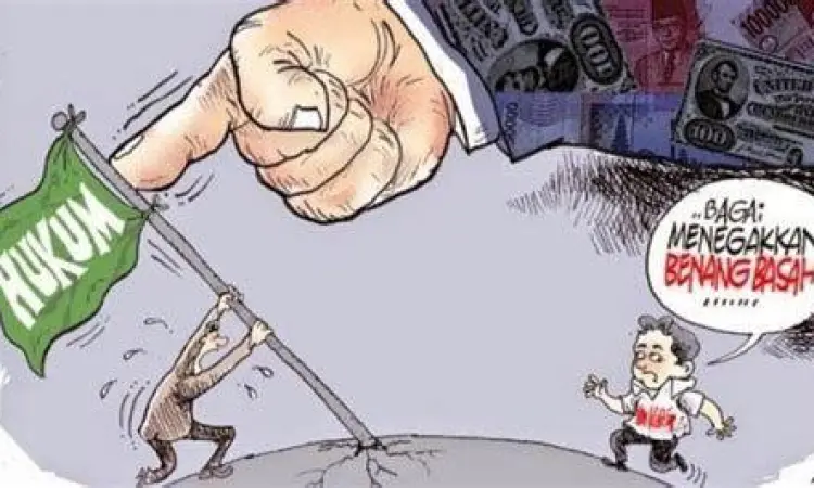 Ilustrasi timbangan keadilan dengan latar belakang bendera Merah Putih